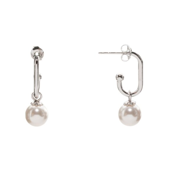 MILOR SILVER Silver Made In Italy Sterling Silver Pearl Long Hoop Earrings - Picture 1 of 2